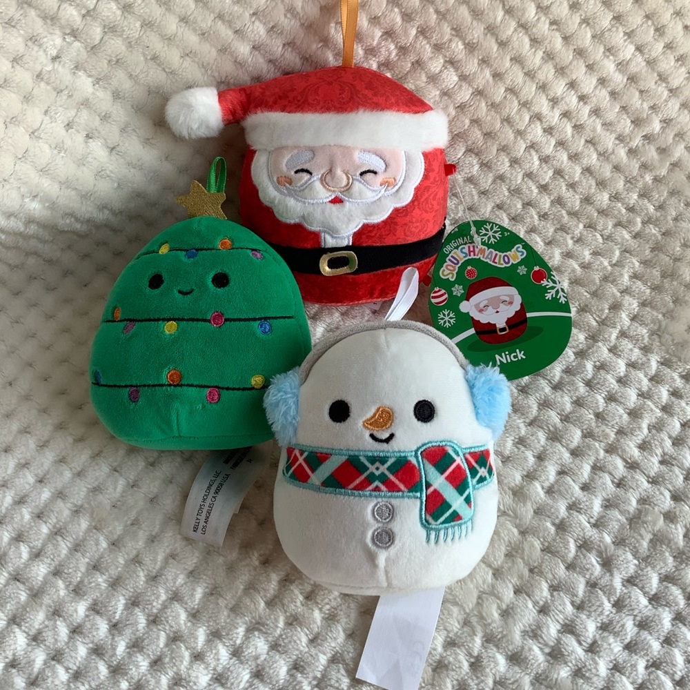 Set of 3 Kellytoy Squishmallows Christmas Ornaments Tree Santa Snowman Plush Toy